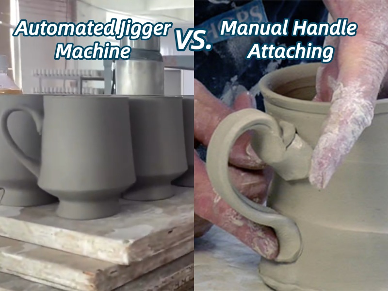 Automated Ceramic Jiggering Machine for Mugs Cups with Handle Forming 11 Máquina automatizada de punção vs. fixação manual do punho