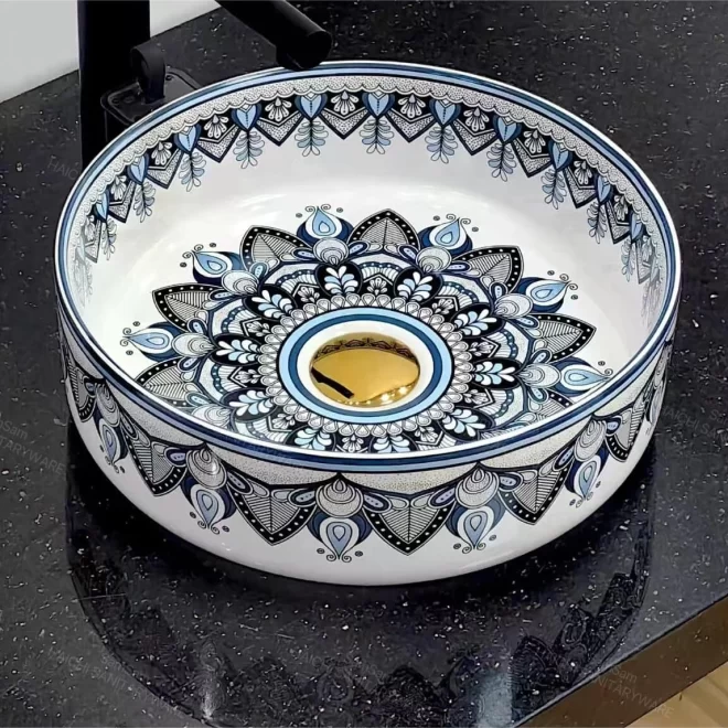 Custom Ceramic Decals with White Geometric Pattern Green Blue Red for Sanitary Ware